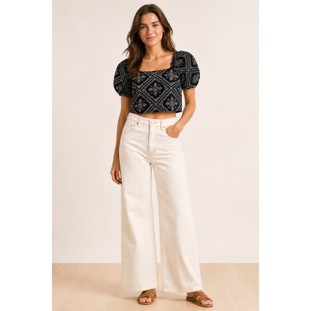 LOFT Navy Blue Floral Medallion Puff Sleeve Crop Top Boho Cottagecore Small